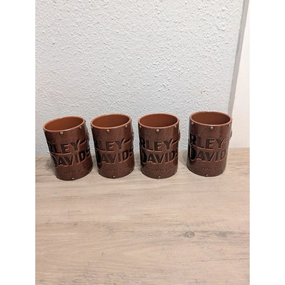 Harley Davidson Mug Lot of 3 2003 Brown 3D Embossed Faux Leather Motorcycle Vtg